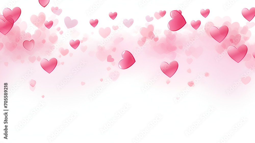 Love valentines background with pink falling hearts over white, generative ai