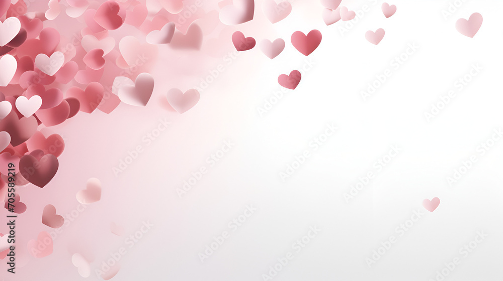 Love valentines background with pink falling hearts over white, generative ai