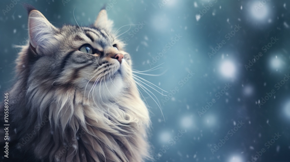 funny Norwegian Forest Cat looks up and enjoying Snowflakes, copyspace funny Norwegian Forest Cat looks up and enjoying Snowflakes, copyspace