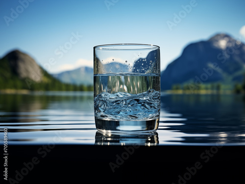 Glass of clean water on the lake, in the nature