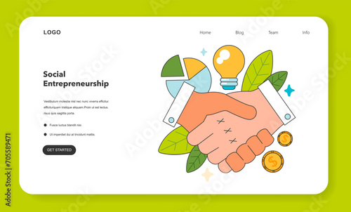 Social entrepreneurship web banner or landing page. Business responsibility on society and environment. Financing and implementing solutions for Sustainable development. Flat vector illustration