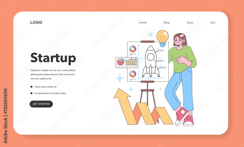 Business growth concept. Woman with a chart depicting rocket launch, analytics, and rising trends. Creativity meets strategy. Upward arrows. Flat vector illustration.