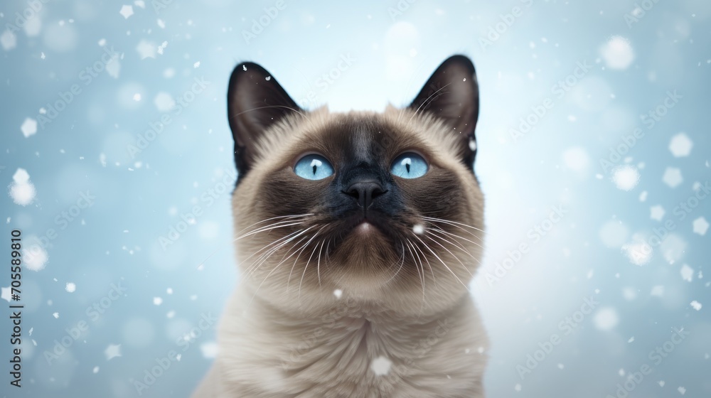 funny Siamese cat looks up and enjoying Snowflakes funny Siamese cat looks up and enjoying Snowflakes