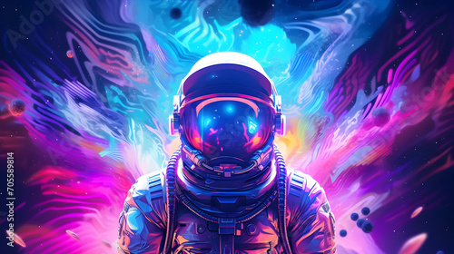 Psychedelic Retro Wave Astronaut with Neon Tubes Light. Pink Blue Violet Trendy Colors behind him