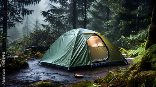 Rain on the camping tent in the lush green forest
