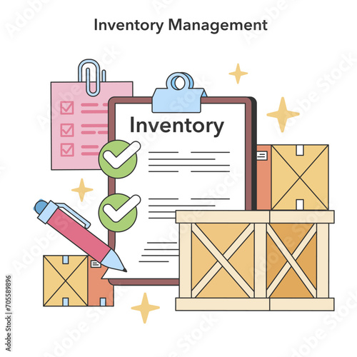 Inventory management accuracy. Clipboards and checklists ensuring precise stock levels and efficient warehouse organization, crucial for supply chain optimization. Detailed inventory control.