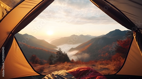 View from a camping tent scenic view of the mountains in the autumn