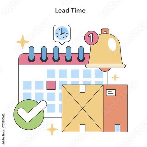 Lead Time concept. Efficient schedule tracking with a calendar and timely package delivery. Streamlined supply chain management. Flat vector illustration.