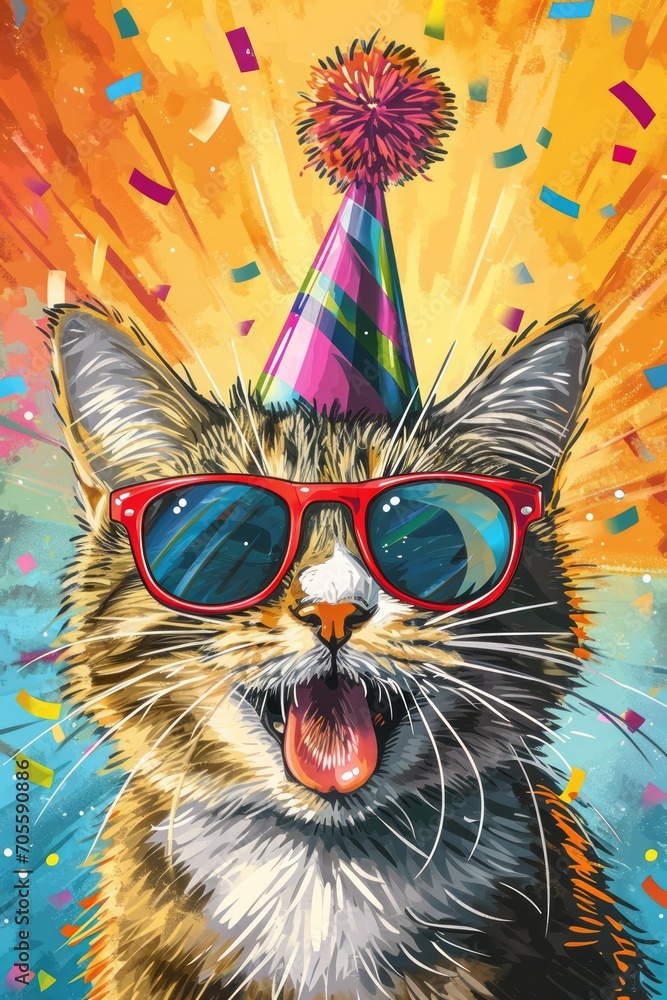 Party Cartoon Cat: Joyful Greeting Card, Festive Fun Party Cartoon Cat: Joyful Greeting Card, Festive Fun
