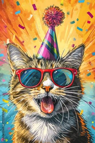 Party Cartoon Cat: Joyful Greeting Card, Festive Fun