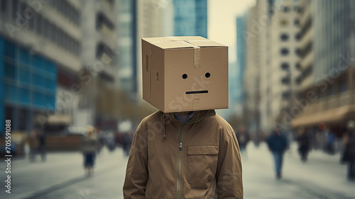 a man with a box on his head on a city street, the concept of psychology loneliness in society social phobia