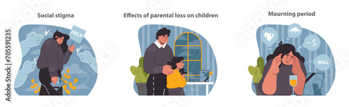 Widowhood phases set. Confronting social stigma, nurturing children post-loss, managing grief's financial toll. Flat vector illustration.