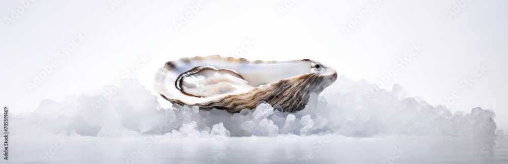 Opened oyster on crushed ice with white background. Banner concept for a fish store or seafood department. Opened oyster on crushed ice with white background. Banner concept for a fish store or seafood department.