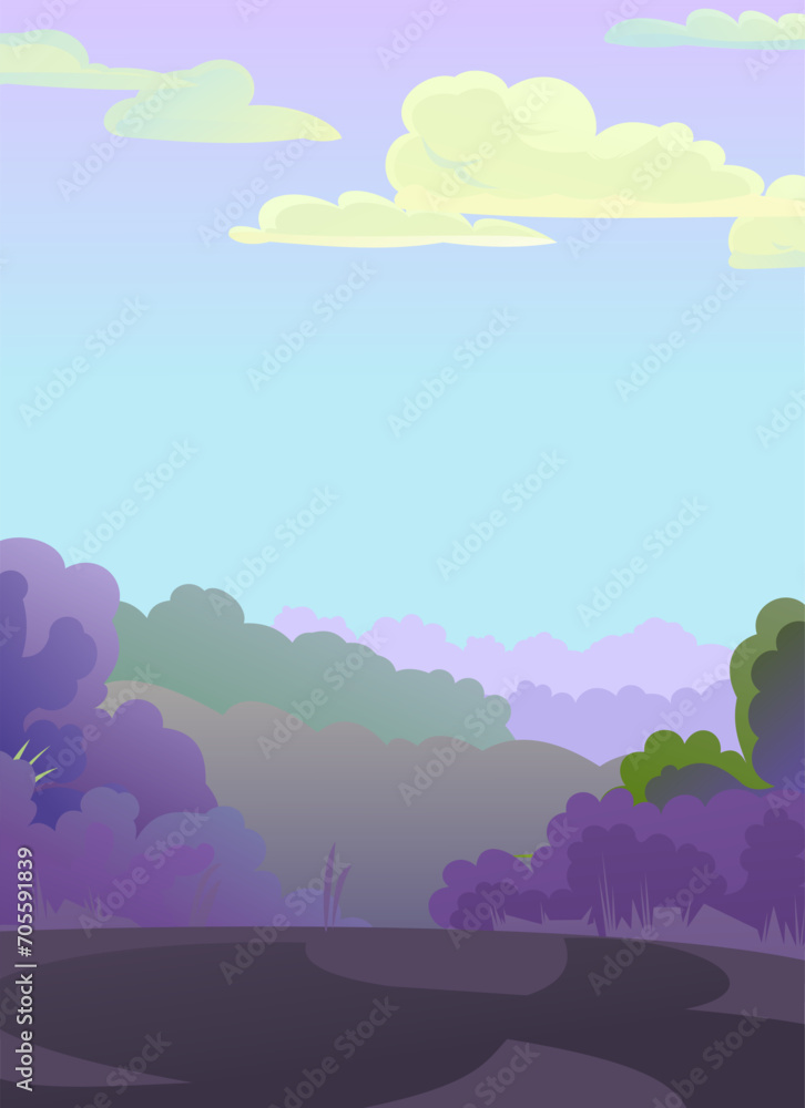 Evening twilight landscape. Countryside. Fields and vegetable gardens. Funny cartoon style. Picture vector