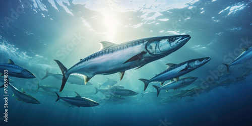 Wide view of a group of mackerel in the ocean. Banner concept for a fish store or seafood department. photo