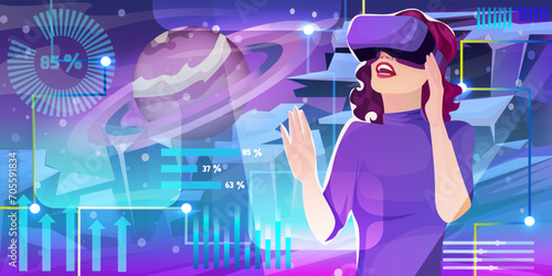 Woman in casual clothes wearing VR googles watching at virtual reality world space, digital interface, planet hologram, network technology, abstract cyberspace, futuristic science. Vector illustration