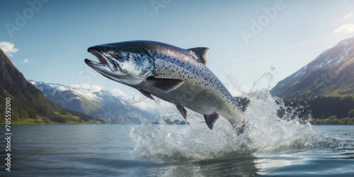 A large trout or salmon jumps out of the water of a sea bay with fjords in the background. © OleksandrZastrozhnov