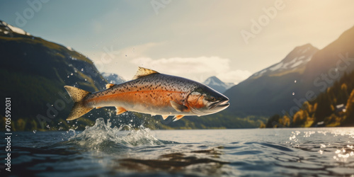 A large trout or salmon jumps out of the water of a sea bay with mountains in the background.