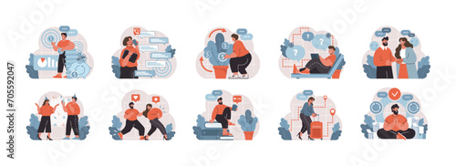 Business operations set. Diverse set of illustrations displaying business professionals engaging in financial growth, social media interaction, and strategic planning. Flat vector illustration pack.
