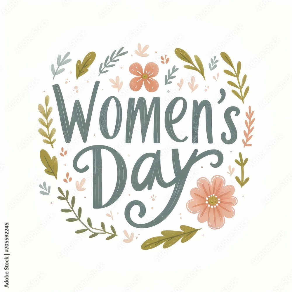 Happy Women's Day lettering and floral on white background.