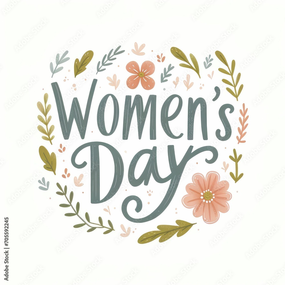Happy Women's Day lettering and floral on white background. Happy Women's Day lettering and floral on white background.