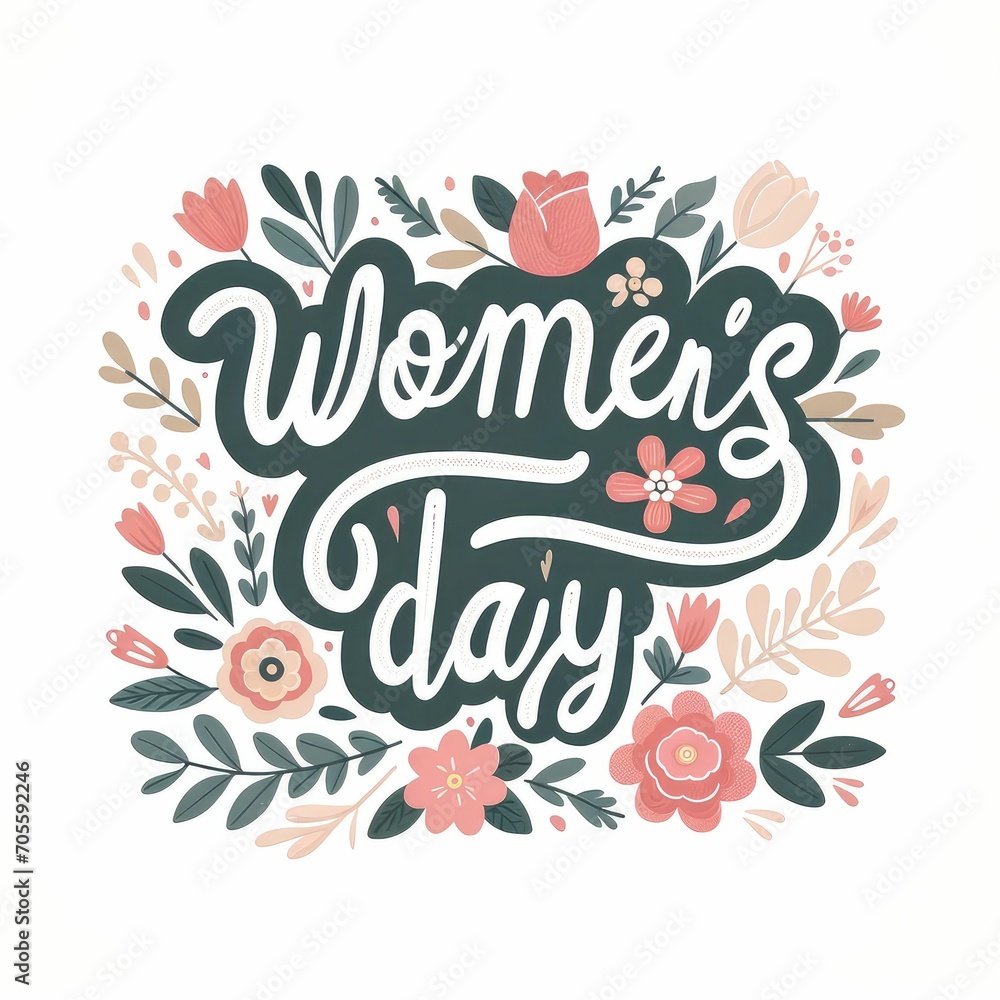 Happy Women's Day lettering and floral on white background. Happy Women's Day lettering and floral on white background.