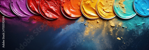 Strokes of different colors of paints and a scattering of dry paint on a dark background. Free space for advertising text for creative products or car paint.