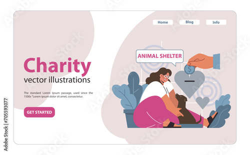 Charity and charitable foundation web banner or landing page. Animal shelter donation. Volunteer help homeless animals or pets. Young woman taking care of homeless puppy. Vector flat illustration