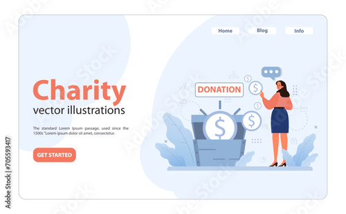 Charity and charitable foundation web banner or landing page. Help for people in need. Humanitarian aid, donations, non-governmental, nonprofit organizations support. Flat vector illustration