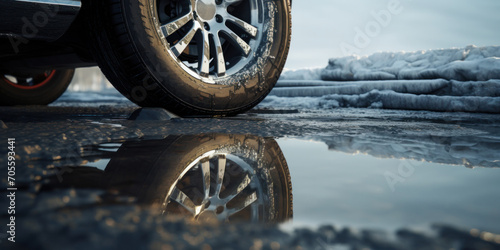 Close-up of a car wheel in winter with reflection in a puddle. Ice and snow on the road.