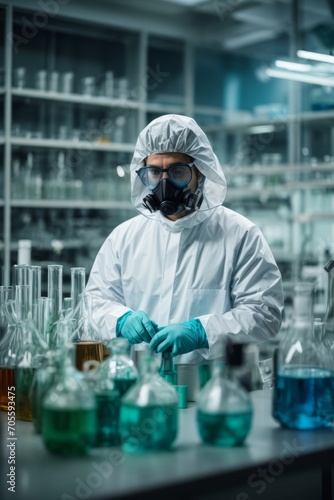 A male scientist wearing a protective suit conducts experiments and research with various multicolored liquid chemicals in flasks in a modern high-tech research laboratory.