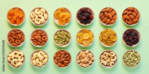 Top view of mixed nuts and dried fruits on a light green background. Bowls with peanuts, cashews, hazelnuts, almonds, pumpkin seeds, raisins, dried apricots, and others.