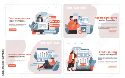 Customer Journey collection. Engaging illustrations for persona development, lifetime value, promoter score, and cross-selling strategies. Flat vector illustration.