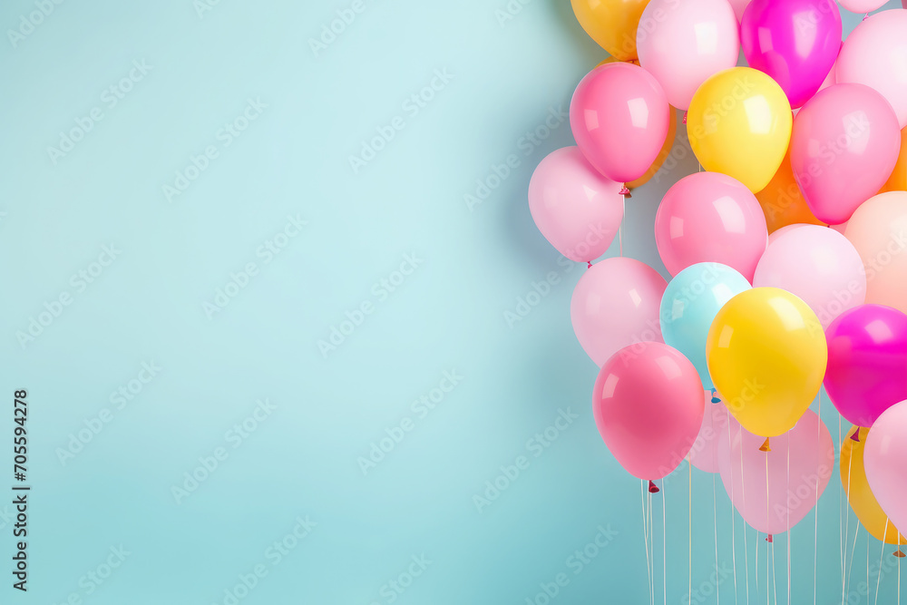 Colorful balloons float in the corners on a light blue background.