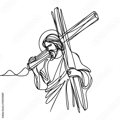 drawing of jesus christ carrying the cross drawn continuous line. Vector illustration