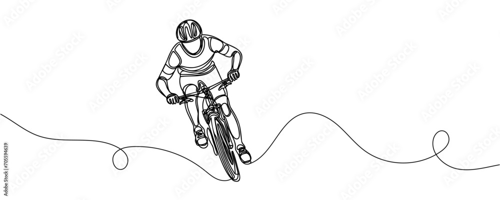 One line drawing of a guy on a bicycle. Vector illustration