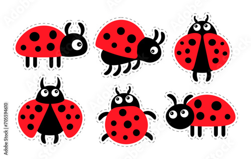 Set of cute cartoon ladybugs on a white background. Baby stickers, icons, decor elements, vector