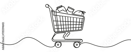 One line drawn shopping cart. Vector illustration