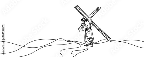 drawing of jesus christ carrying the cross drawn continuous line. Vector illustration