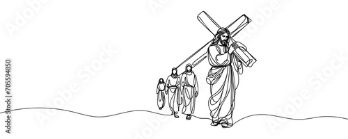 drawing of jesus christ carrying the cross drawn continuous line. Vector illustration
