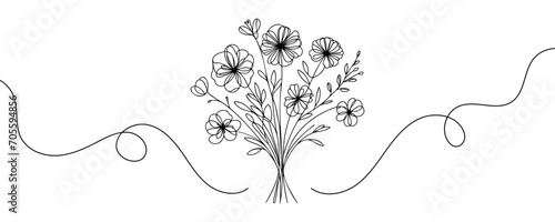 Drawn bouquet of flowers in one line. Vector illustration.