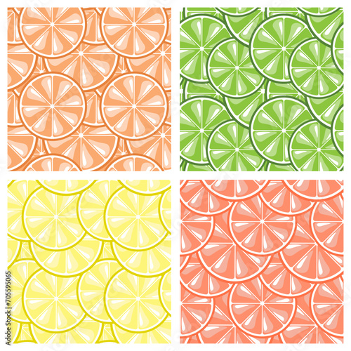 Set of seamless patterns, slices of citrus lemons, oranges, grapefruits and limes with overlay. Backgrounds, textiles, vector