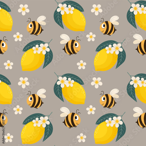 Seamless pattern, funny bees and lemons with white flowers. Children's print, background, textile, wallpaper, vector