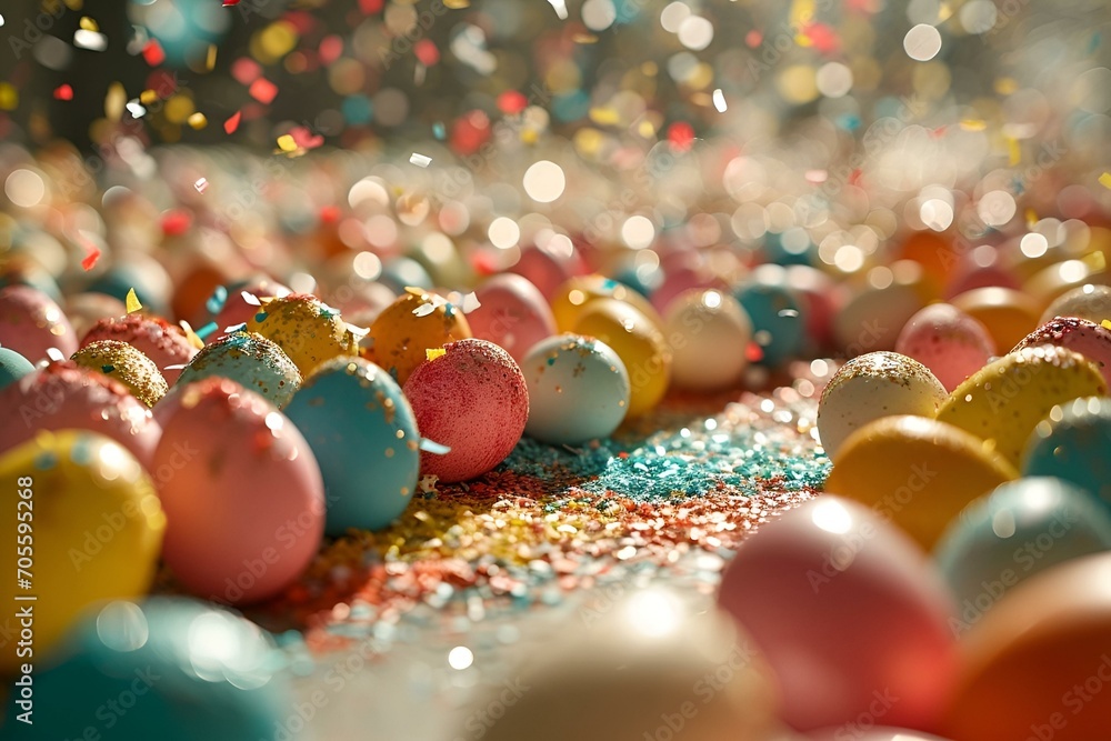 Colorful Easter eggs scattered with confetti and glitter under soft lighting Colorful Easter eggs scattered with confetti and glitter under soft lighting