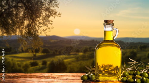 Golden olive oil bottle on wooden table olive field