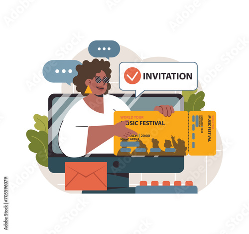 Excited fan receives an online invitation to the World Tour Music Festival, showcasing her golden ticket amidst chat bubbles. Digital age meets live event anticipation. Flat vector illustration