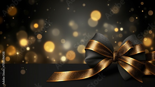 Elegant Celebration with Black Background, Gold Ribbon, and Glitter – Perfect for Holiday Events, Christmas Parties, and Festive Designs.