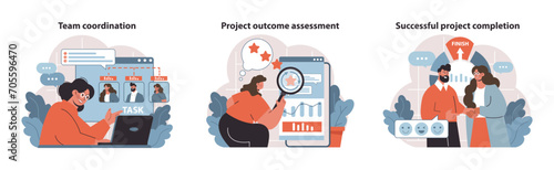 Project Management dynamics. Coordinating teams, assessing outcomes, celebrating achievements. Visualizing the lifecycle of project success. Flat vector illustration.