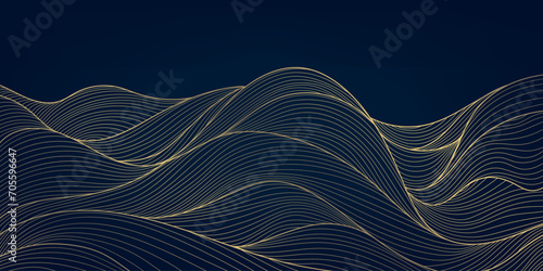 Fototapeta Naklejka Na Ścianę i Meble -  Vector line japanese art, mountains background, landscape dessert texture, wave pattern illustration. Golden minimalist drawing.