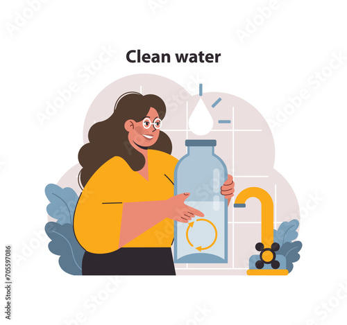Clean water. Woman pouring clean water from faucet. SDG or sustainable development goal. Environment protection, climate and nature preservation. Flat vector illustration